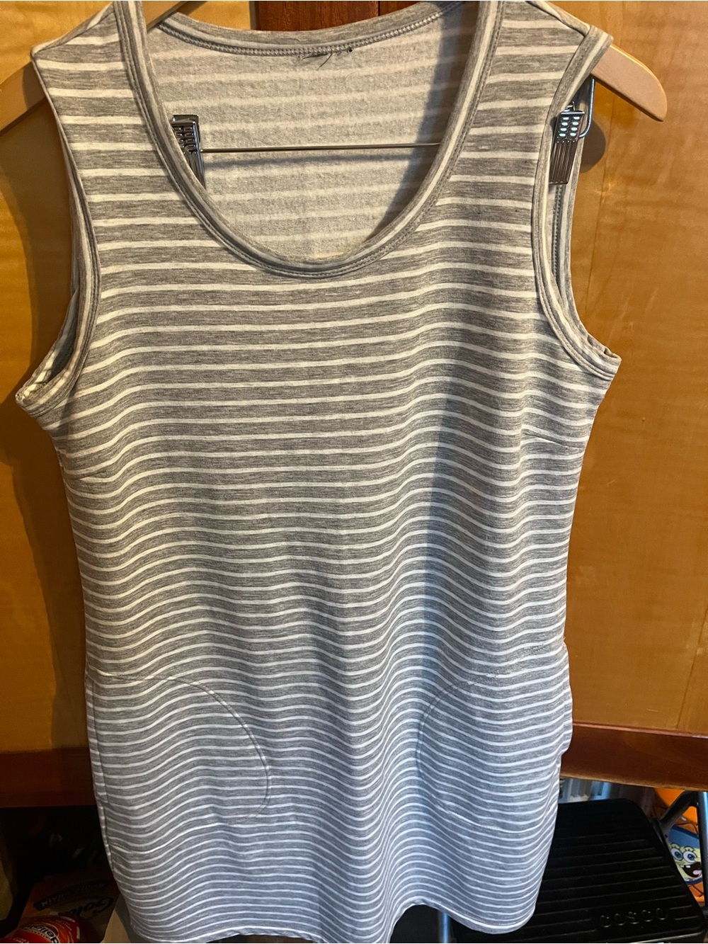 Sleeveless Gray & White Striped Knit Tank Dress